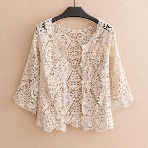 Lace Crochet Cardigan Hollow Out Top Summer Women Kimono Beach Cover Up Sexy Sunscreen Shirt Blusas Mujer De Moda 2021