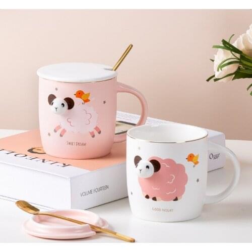3D Cartoon Sheep Mug Lovely Household Girl Ceramic Cup with Cover and Spoon Warm Romantic Simple Fun and Durable Coffee Cup