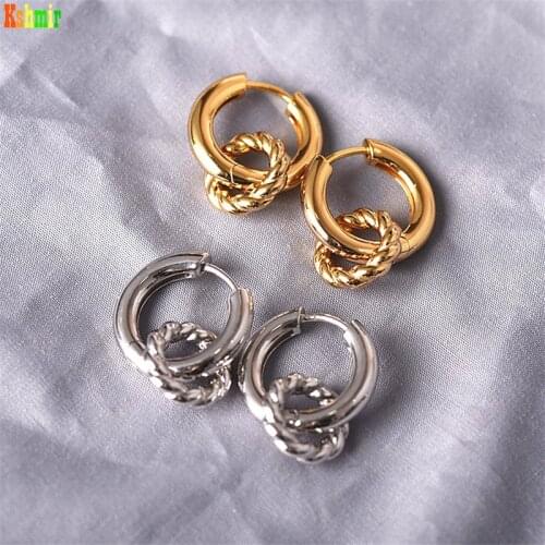 Kshmir New fashion stainless steel metal kink pattern circular earrings, double ring earrings pendant jewelry 2021