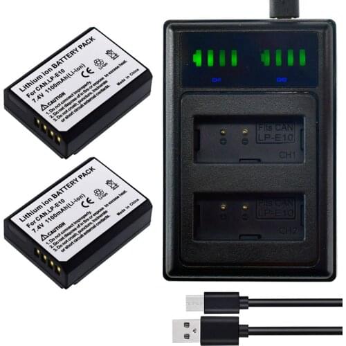LP-E10 Battery(2-Pack) + LED USB Charger For Canon EOS 1100D 1200D Rebel T3 T5 T6 Kiss X50