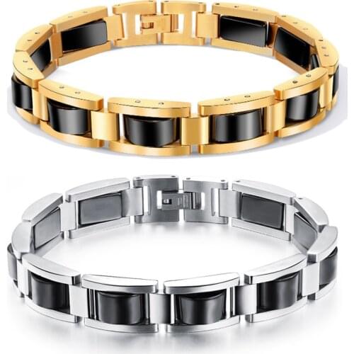 Mens Stainless Steel Magnetic Bracelet Male Black Ceramic Energy Germanium Hand Chain Gold Color Hologram Bracelets