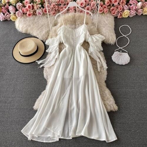 Fairy Gentle Off Shoulders Ruffles Slings Dress Backless Slim Asymmetrical A-line Dress Puff Sleeve Long Big Swing Skirt Vestido