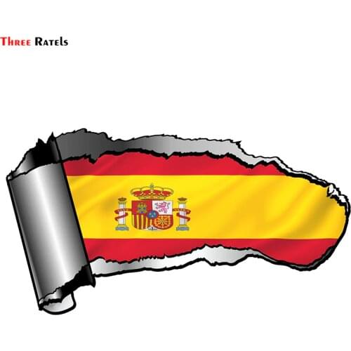 Three ratels FTC-803# 20x10.8cm Ripped Open Gash Torn Metal Design With Spain Spanish Country Flag Vinyl motorcycle Car Sticker