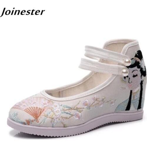 Women Spring Wedges Dress Shoes Ladies Ethnic Embroidered Mary Jane Shoe Female Retro Dancing Pumps Pearls Button Closure