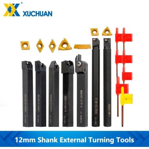 External Turning Tools Set 7pcs 12mm Shank With Carbide Inserts 45HRC For Semi Finishing Operations Lathe Boring Bar Kit