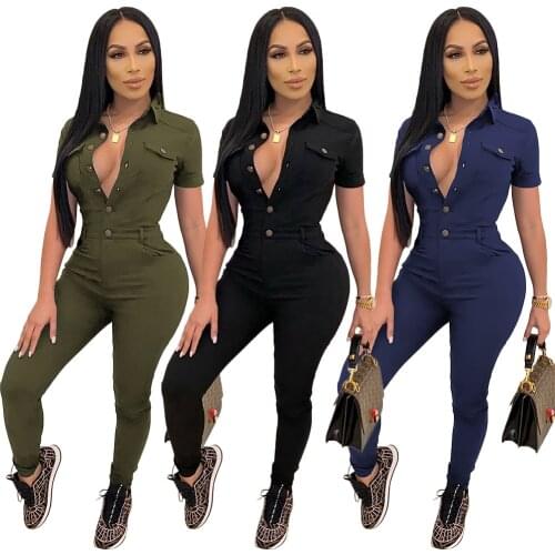 Autumn Women Jumpsuit Solid Color Summer Casual Lapel Neck Work Overalls Ladies Skinny Button Long jumpsuit Streetwear