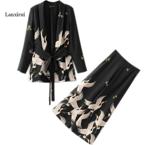 New Women Vintage Clothing Sets Crane Printed Blazer Wide Leg Retro Pant Female Bird Printed Outfit Pant Suits