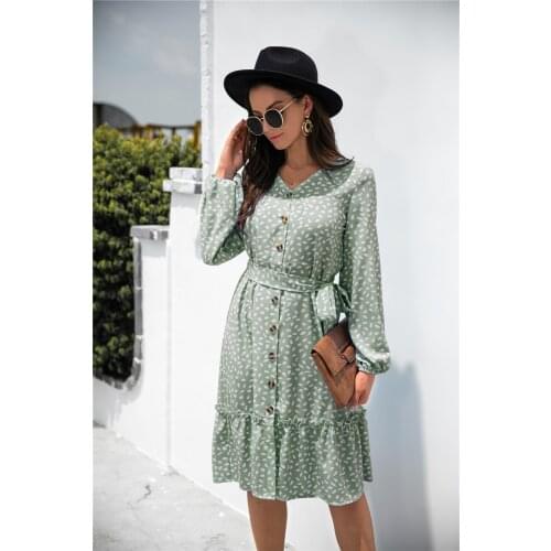 Women Robe Femme Spring Autumn Dot Print A-Line Dresses Single-Breasted Ruffles V-Neck Long Sleeve Slim Dress For Woman Vestido