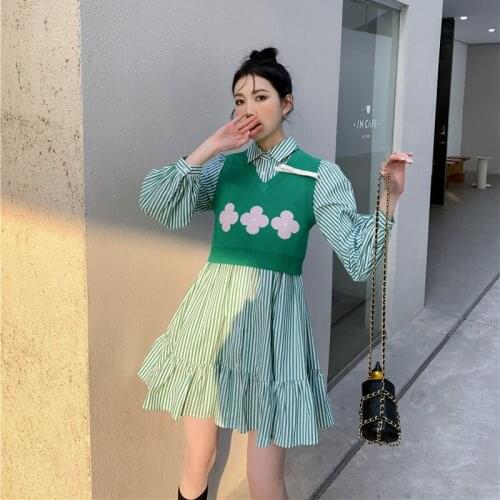 Womens Spring 2021 New Female Long-Sleeved Striped Fashion Cute Sweet Ruffled Shirt Dress Short Knitted Vest Two-Piece