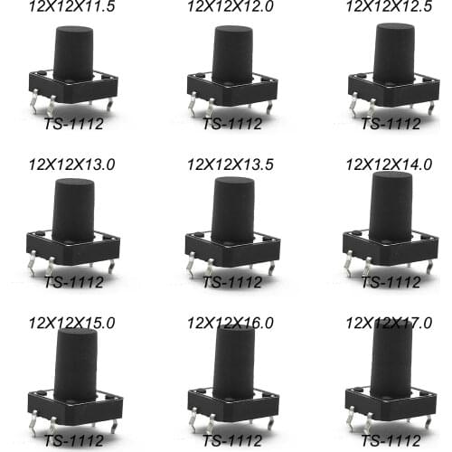 10PCS 12X12 H=13/13.5/14/15/16/17MM~4.3MM 4PIN DIP Momentary Tactile Tact switch Push Button Switch BLACK