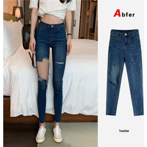 Abfer Korean Fashion Women Blue Cotton Skinny Fit High Waisted Stretchable Crop Ripped Jeans Hole Hollow Out Denim Pencil Pants