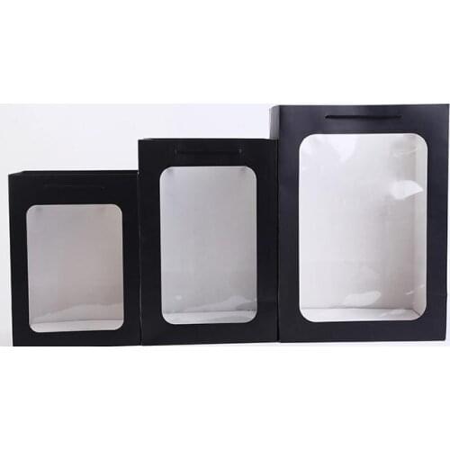 Black Flower paper handbag white Clear PVC Window,palstic window gift paper bag , Flower Packing Bag Exhibition bags 100pcs SN