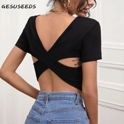 Sexy T Shirt Women Summer Backless Top Korean Short Sleeve Tees Knitted O Neck Tshirt Solid Cross Top White Cropped T Shirt Blue