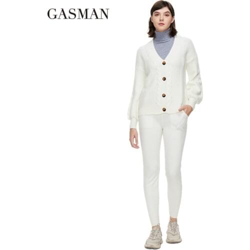 GASMAN New 2021 two-piece set for women Cardigan sweater trousers White fashion women brands autumn set warm high qualityGT002-1