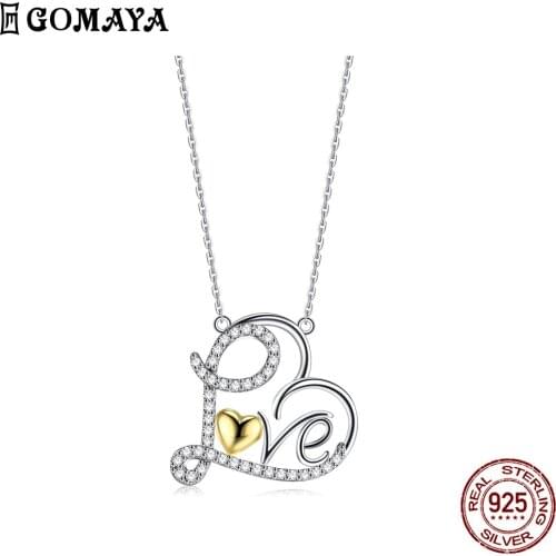 GOMAYA Heart Shape Series 925 Sterling Silver Necklace For Women Letter Love Plating Gold Cubic Zirconia Full Love Fine Jewelry