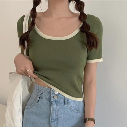 HziriP 2021 Summer New Korean Contrast O-Neck Design Sense Short Tee Sweet Girl Casual All-Match Loose Basic T-Shirt Female