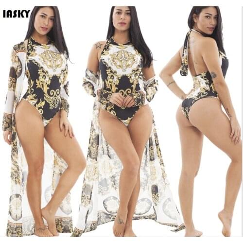 IASKY 2PCS/SET Beach Cover ups+swimsuit set 2019 New Retro Print bathing suit cover up and high neck swimsuit women beach wear