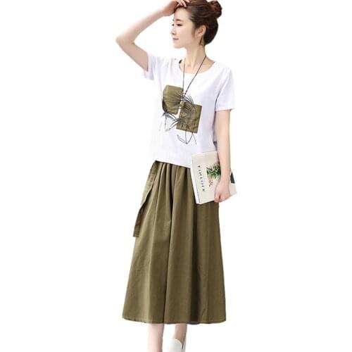 Summer Women Suit New Print Short-sleeved Cotton Linen T-shirt+Linen Long Skirt Two Piece Set Clothes Female Skirt Set RE2485