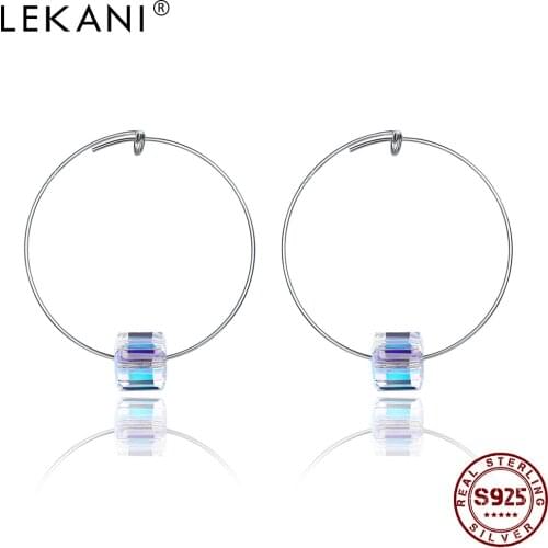 LEKANI S925 Sterling Silver Earrings For Women Colorful Austria Crystal Geometric Square Hoop Earring Classic Party Jewelry