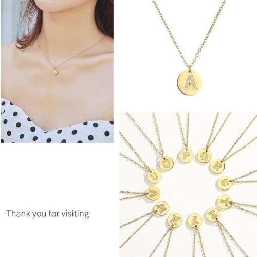 Fashion Circon 26 Letters Necklace Coin Design Steel Large Letter Charms Collar Chain Stacked With Round Pendant Neck Chain Gift