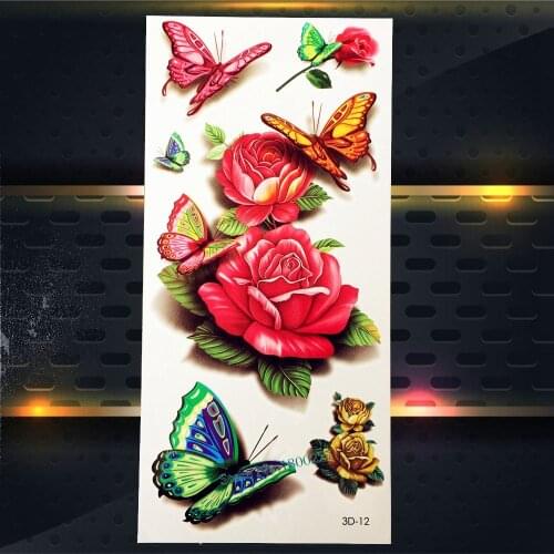 Fashion Large Flower Roses Waterproof Transfer Tattoo Cartoon Kids BOdy ARm 19x9CM Women Butterfly Fake Temporary Tattoo Sticker