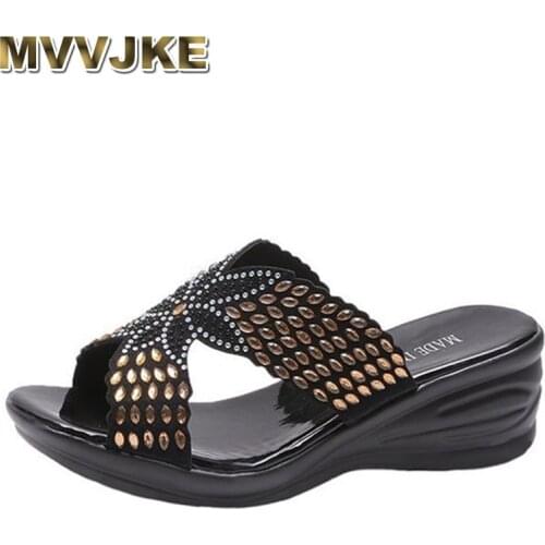 MVVJKE Summer wedges ladies sandals and slippers thick-soled mother sandals rhinestones breathable lightweight non-slip ladies