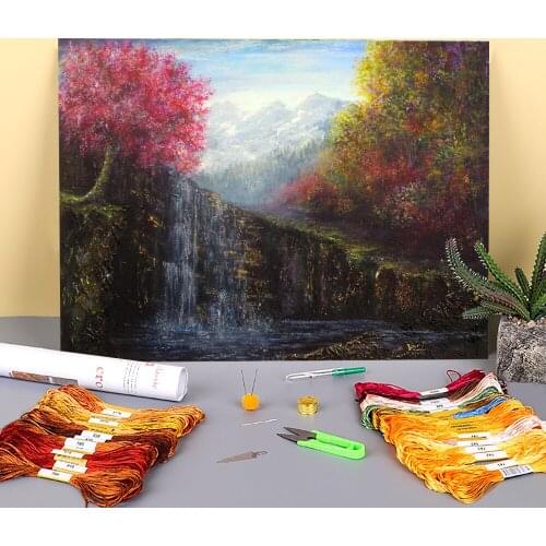 Natural Scenery Cascade Printed Fabric 11CT Cross-Stitch DIY Embroidery Complete Kit DMC Threads Handiwork Hobby Gift