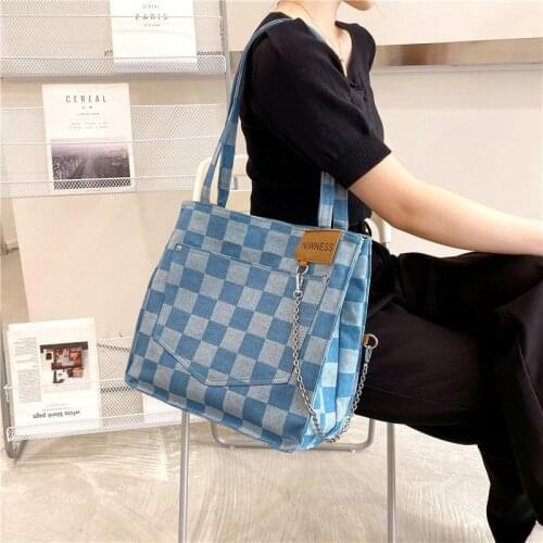 2021 New Plaid Blue Ladies Single Shoulder Canvas Bags High Quality Versatile Chains Tote Bag Designer Casual Handbag For Women