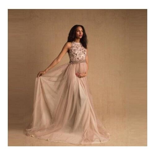New Arrival Beaded Maternity Gowns For Photo Shoot Sleeveless A Line Floor Length Lace Appliques Custom Made Pregnancy Dress