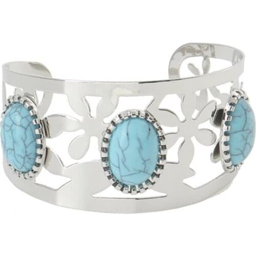 Silver Plated Alloy Decorative Pattern with Green Turquoises Stone Open Bangle Charm Jewelry