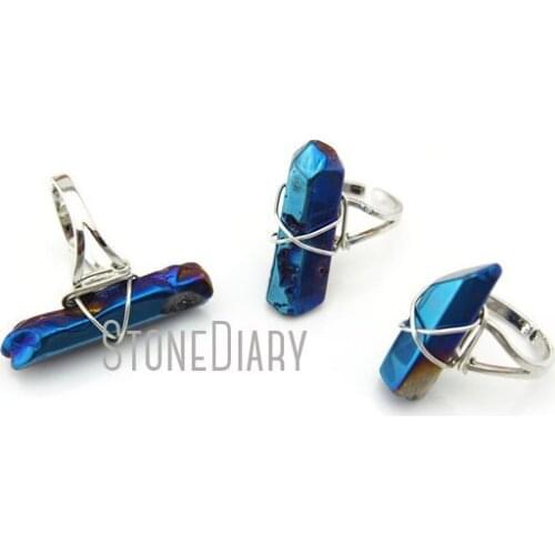 RM13003 10Pcs Quartz Ring Wire Wrapped Double Wrapped Silver Electroplated Polishing Faceted Pillar Ring Clearance Adjustable