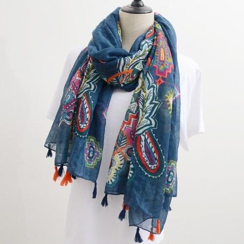 Luxury Fashion Autumn Viscose Scarf Navy Blue Cashew Floral Beach Hijab Shawls and Wraps Female Foulards Echarpe Muslim Hijab