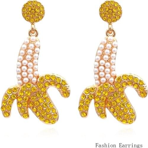 Yellow Banana Women Earrings Cartoon Cute Vintage Full Rhinestone Shiny Dangle Earrings Fruit Women Drop Earrings Go On Holiday