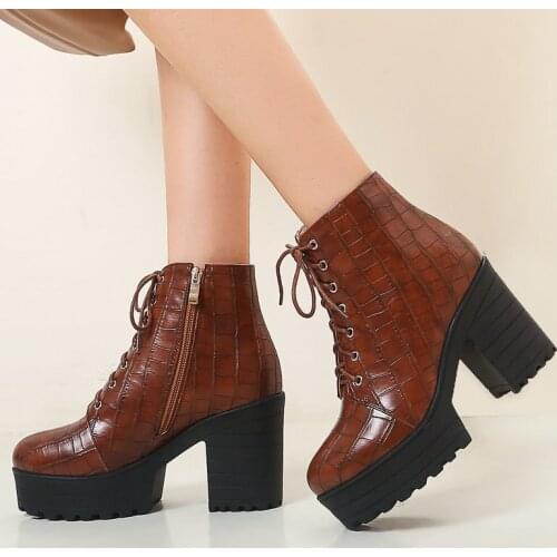 Women Platform Ankle Boots Pu Leather Winter Square High Heel Boots Zipper Fashion Ladies Shoes Black Brown White