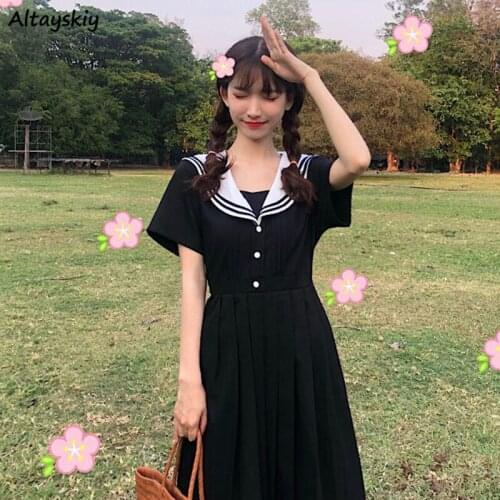 Dresses Women Preppy Style Sailor Collar Japanese Stylish Short Sleeve Sweet Vintage High-waist Students Girls All-match Female