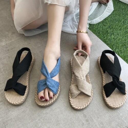 2021 New Womens Sandals Summer External Wear Straw Flax Roman Sandals Elastic Band Cross Flat Female Shoes Solid Color Non-Slip