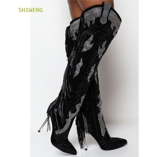 Women Over The Knee Thigh High Heel Blingbling Crystal Boots Lady Fashion Tassel High Heels Pointed Toe Shoes Spring 2021