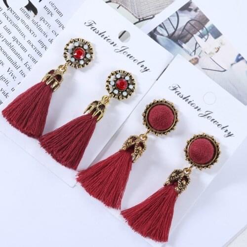 BLINLA Fashion Bohemian Tassel Crystal Drop Earrings for Women Statement Silk Fabric Fringe Round Ethnic Hanging Earring Jewelry