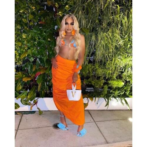 2021 Summer Womens Fashion Sexy Vacation Bikini Top + Pleated Slim Skirt Two Piece Suit Set