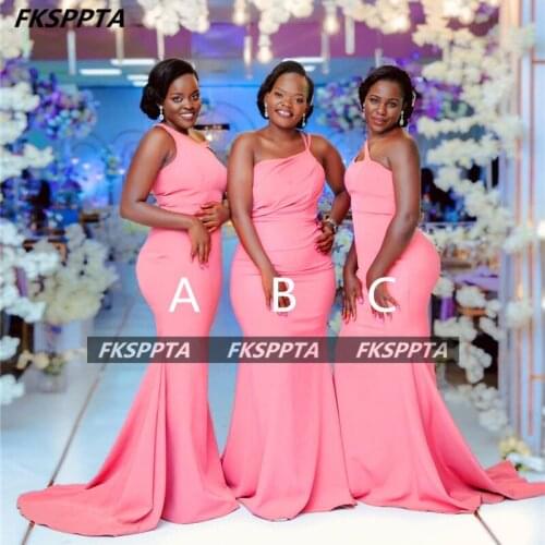 New Design 2021 Mermaid Pink Long Bridesmaid Gowns One Shoulder Sweep Train Silk Satin Wholesale African Maid Of Honor Gowns