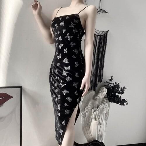 Women Butterfly Print Sleeveless Split Dress Fashion Suede Backless Sling Dress Bag Hip Dress