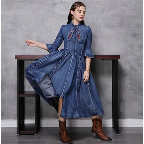 Women Embroidery Dress 2020 Womens Bow Neck Denim Dresses A line Half Sleeve Vestidos Cheongsam Vintage Long Slim Dress