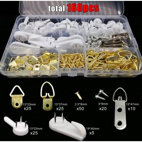 1 Box Include 160pcs Triangle D-ring Painting Picture Art Work Photo Wood Frame Hanger Solid Wall Hook Screw Assortment Kit Set