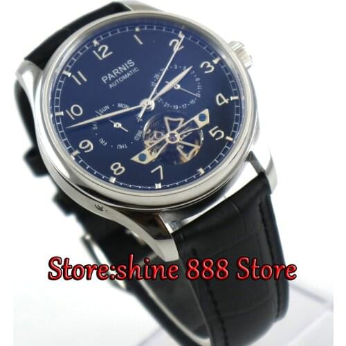 43mm Parnis watch power reserve black dial date black strap Automatic Self-Wind Mens watch