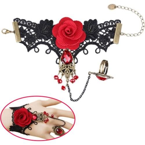 Elegant Gothic Style Lace Red Rose Adjustable Finger Ring TT@88