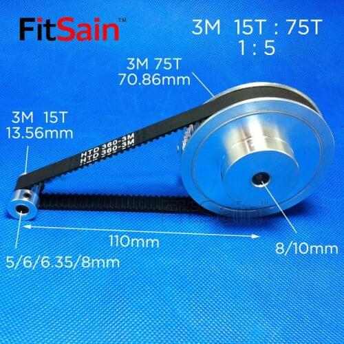 FitSain-3M 15T:75T 1:5 pulley synchronous wheel deceleration timing belt bandwidth 10 holes 5/6/8/10/12mm