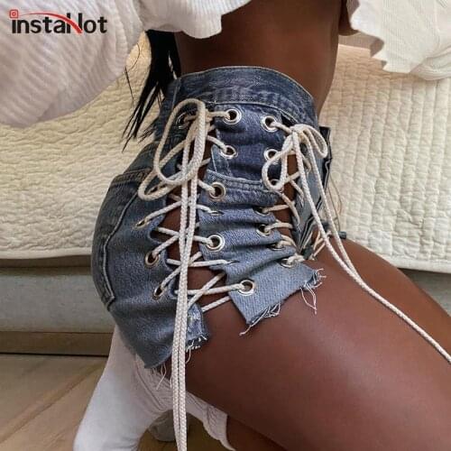 InstaHot Bandage Hollow Out Shorts Jean Denim High Street Casual Biker Shorts Summer 2021 Sexy Casual Lace Up Streetwear Shorts