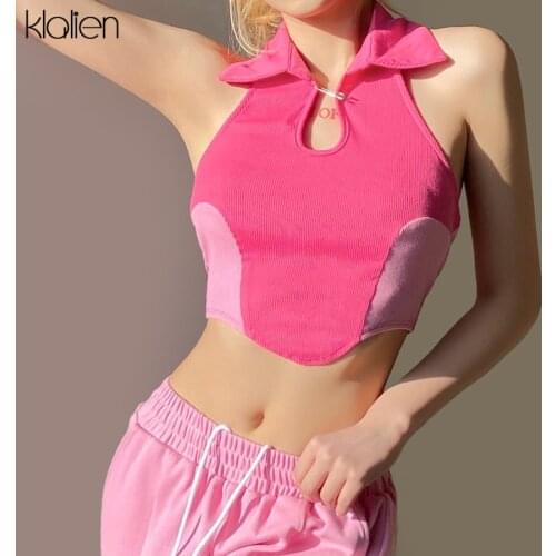 KLALIEN Fashion Casual Solid Rib Knit Turndown Collar Vest Women Summer New Simple Slim Stretch Wild Streetwear Female Tank Top