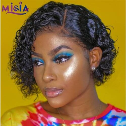 MISIA Short Curly Wigs 8 inch Curly Short Bob Wig 100% Remy Hair Wig Natural Color13x1 hairline Lace Curly Wig For Black Women