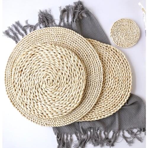 Round Rattan Placemats Natural Corn Straw Woven Dining Table Mats Heat Insulation Pot Holder Cup Coasters Kitchen Accessories